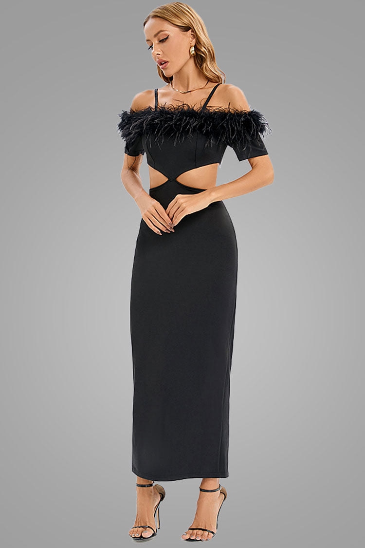 Feather Trim Off Shoulder Cutout Evening Maxi Dress - Black