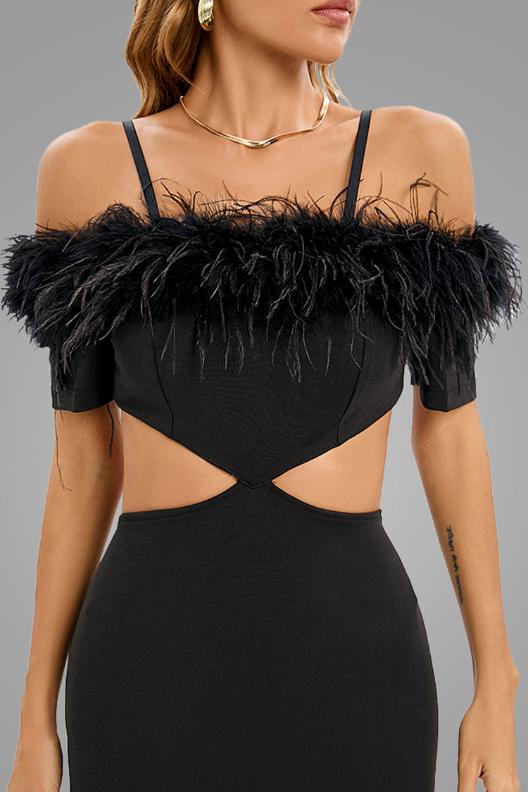 Feather Trim Off Shoulder Cutout Evening Maxi Dress - Black - View 4