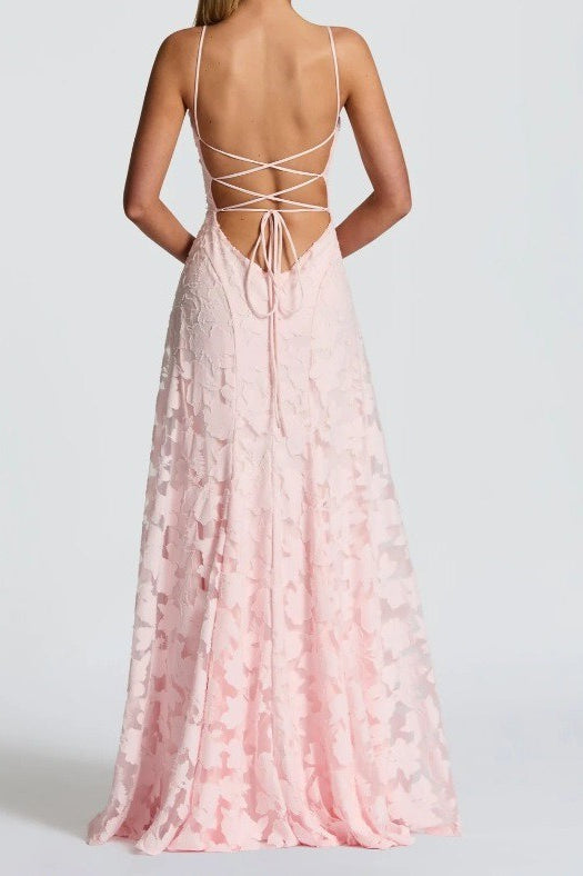 Floral Lace Scoop-Neck Spaghetti-Strap A-Line Gown