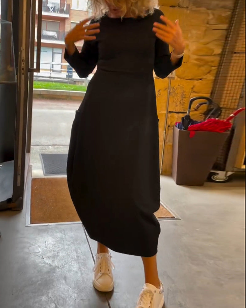 Round Neck Long Sleeve Pocket Cocoon Midi Dress 4