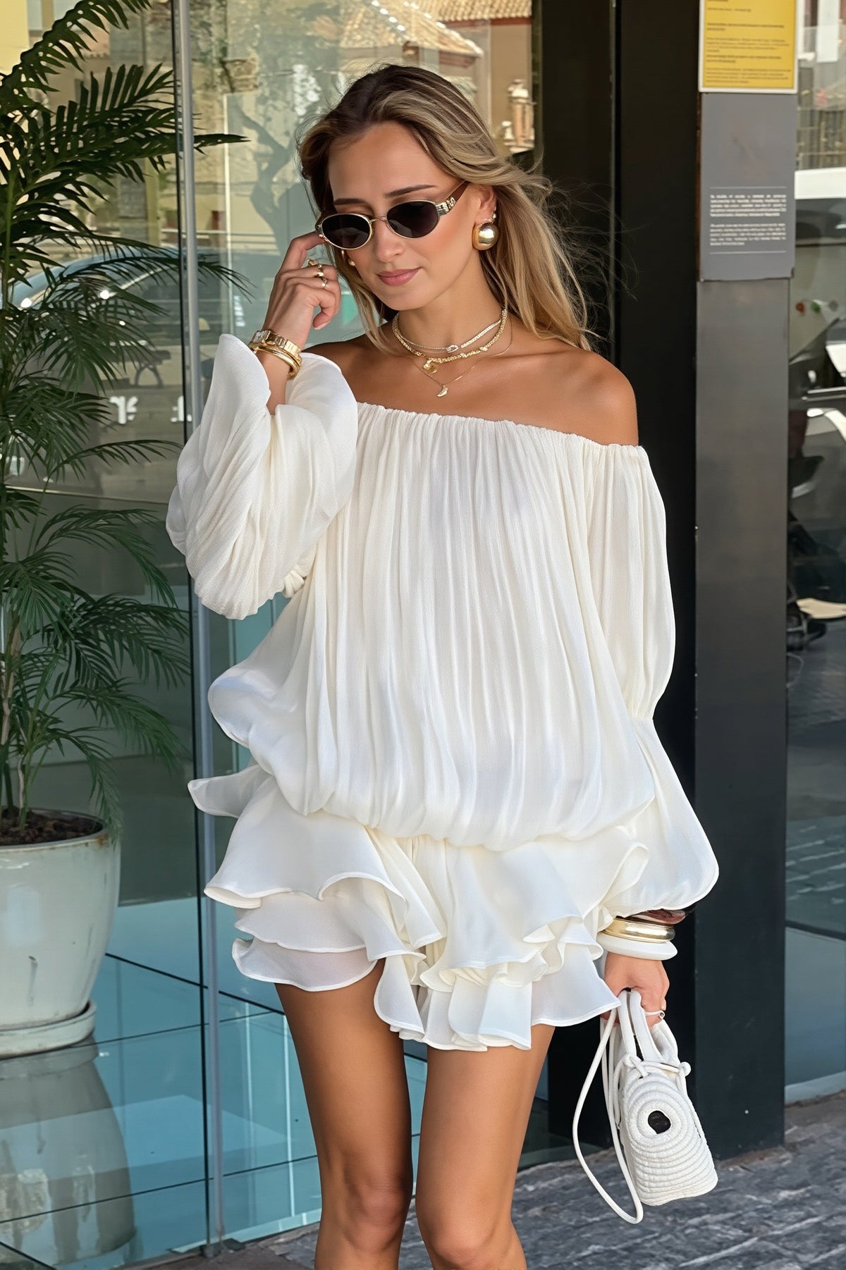 Off Shoulder Puff Sleeve Ruffle Tiered Mini Dress 5