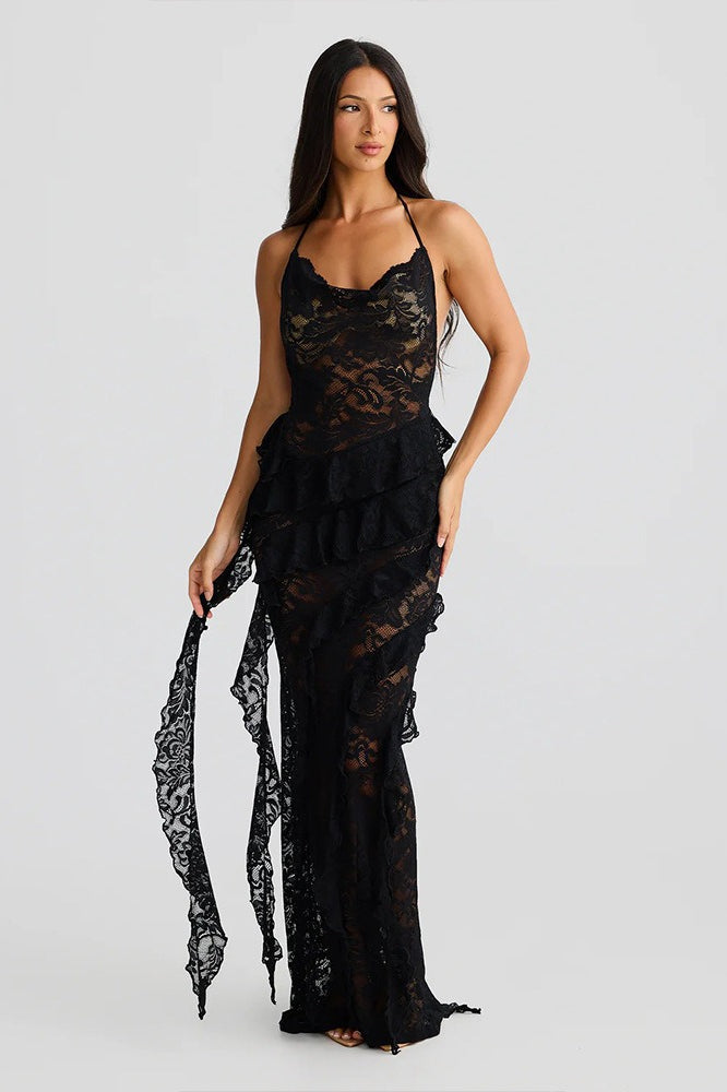 Sheer Lace Halter Neck Ruffle Backless Maxi Dress