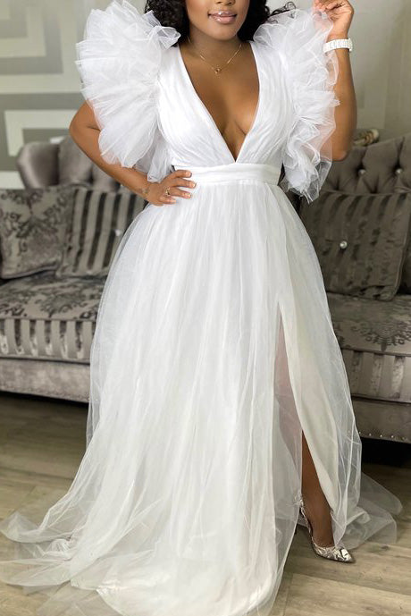 Plus Size Tulle Dresses Puff Sleeve Maxi Dress Fashionpara