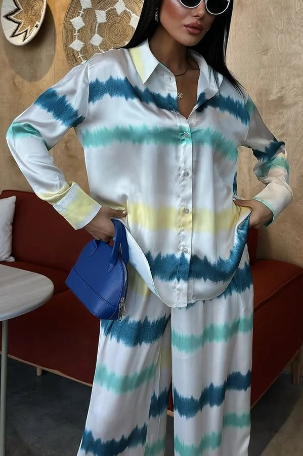 Lizbeth Satin Tie Dye Print Long Sleeve Shirt and Elastic Waist Pocketed Pants Set - Fashionpara