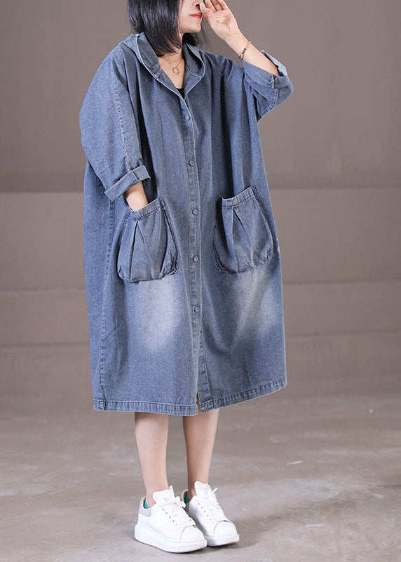Hooded Denim Button Front Patch Pocket Long Sleeve Midi Dress
