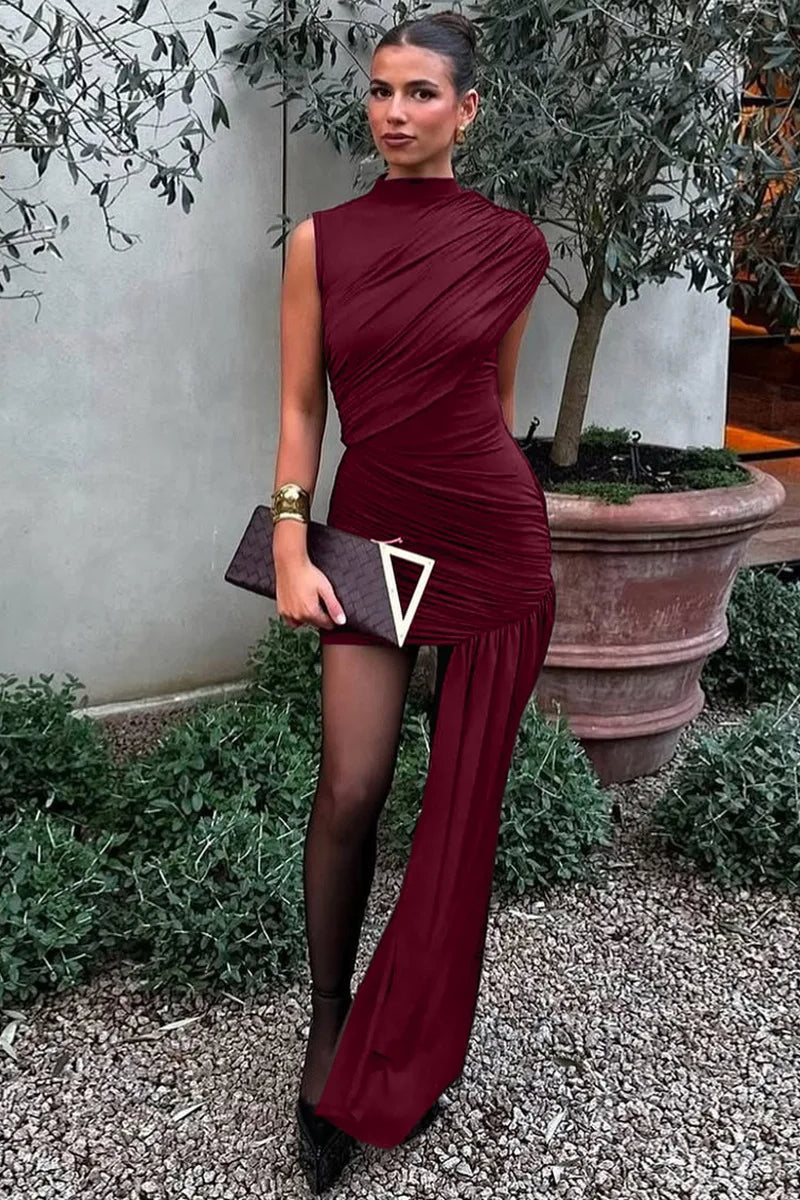 One Shoulder Ruched Asymmetric Train Bodycon Mini Dress - View 2