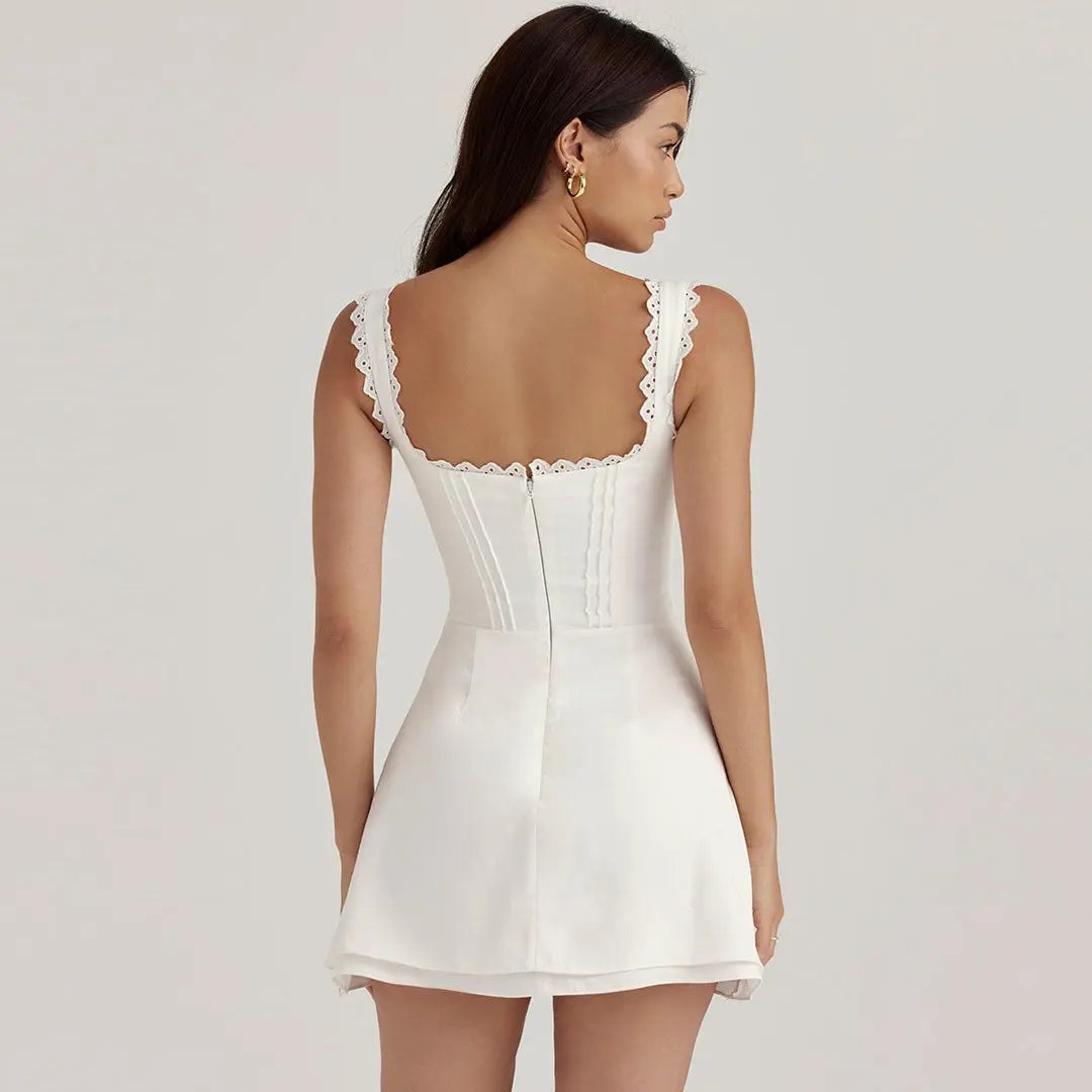 Feminine Embroidered Pleated Trim V Neck Sleeveless Mini Dress - White  Fashionpara
