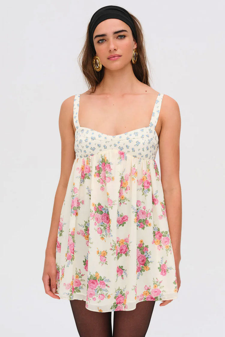 Feminine Floral Print Cut Out Empire Waist Babydoll Summer Mini Sundress
