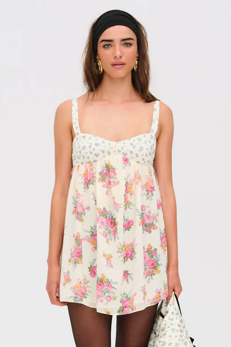 Feminine Floral Print Cut Out Empire Waist Babydoll Summer Mini Sundress