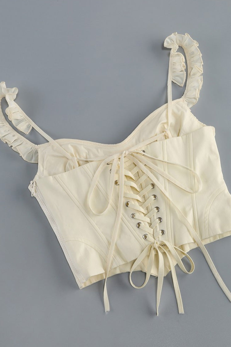 Feminine Ruffle Lace Up Corset Rosette Draped Skirt Two Piece Mini Dress