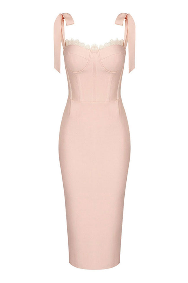 Feminine Scalloped Lace Sweetheart Bow Tie Bodycon Bandage Cocktail Midi Dress - Fashionpara