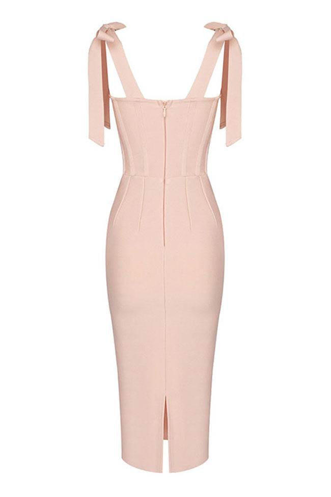 Feminine Scalloped Lace Sweetheart Bow Tie Bodycon Bandage Cocktail Midi Dress - Fashionpara