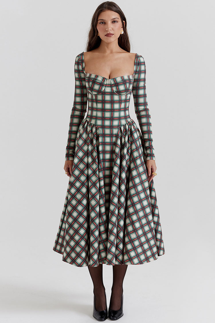 Festival Sweetheart Long Sleeve Drop Waist Tartan Pattern Midi Dress - Red - Fashionpara