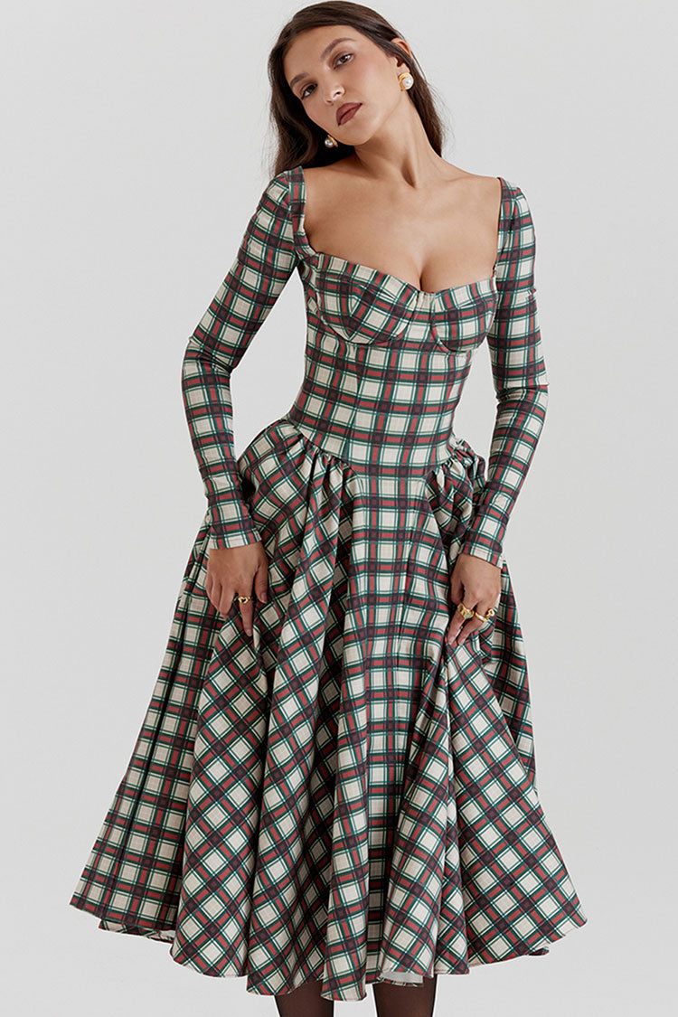 Festival Sweetheart Long Sleeve Drop Waist Tartan Pattern Midi Dress - Red - Fashionpara