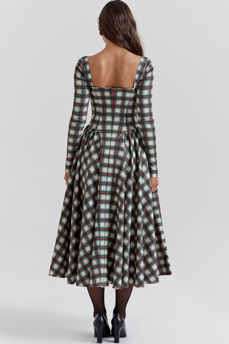 Festival Sweetheart Long Sleeve Drop Waist Tartan Pattern Midi Dress - Red - Fashionpara