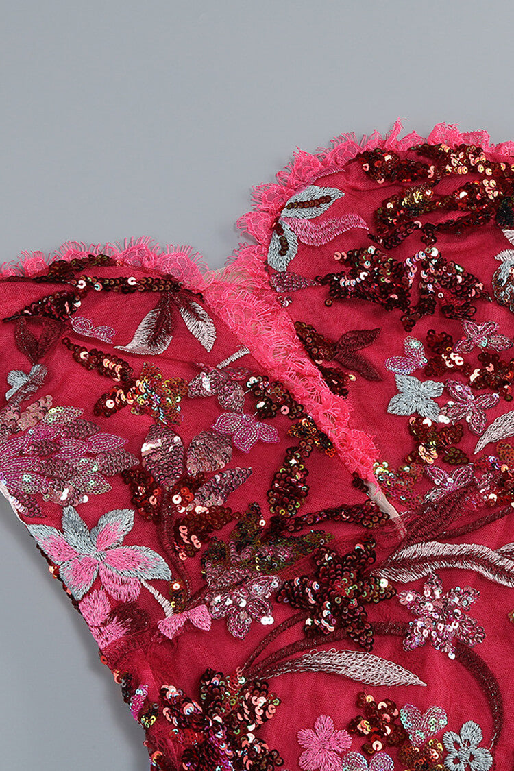 Festive Scarf Glove Ruffle Strapless Embroidered Sequin Cocktail Midi Dress - Fashionpara