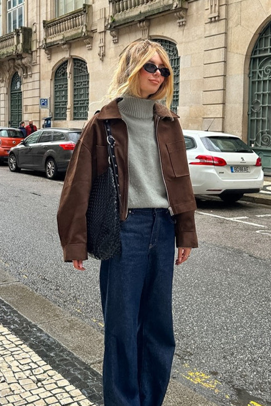 Brown Faux Suede Utility Zip Jacket