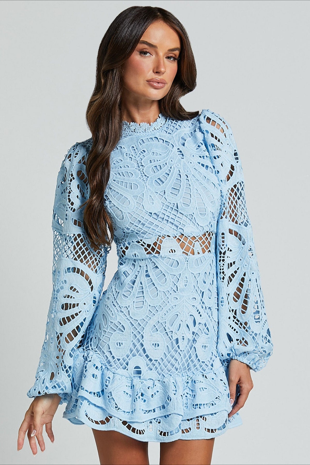 Lace High Neck Long Sleeve Fit and Flare Mini Dress