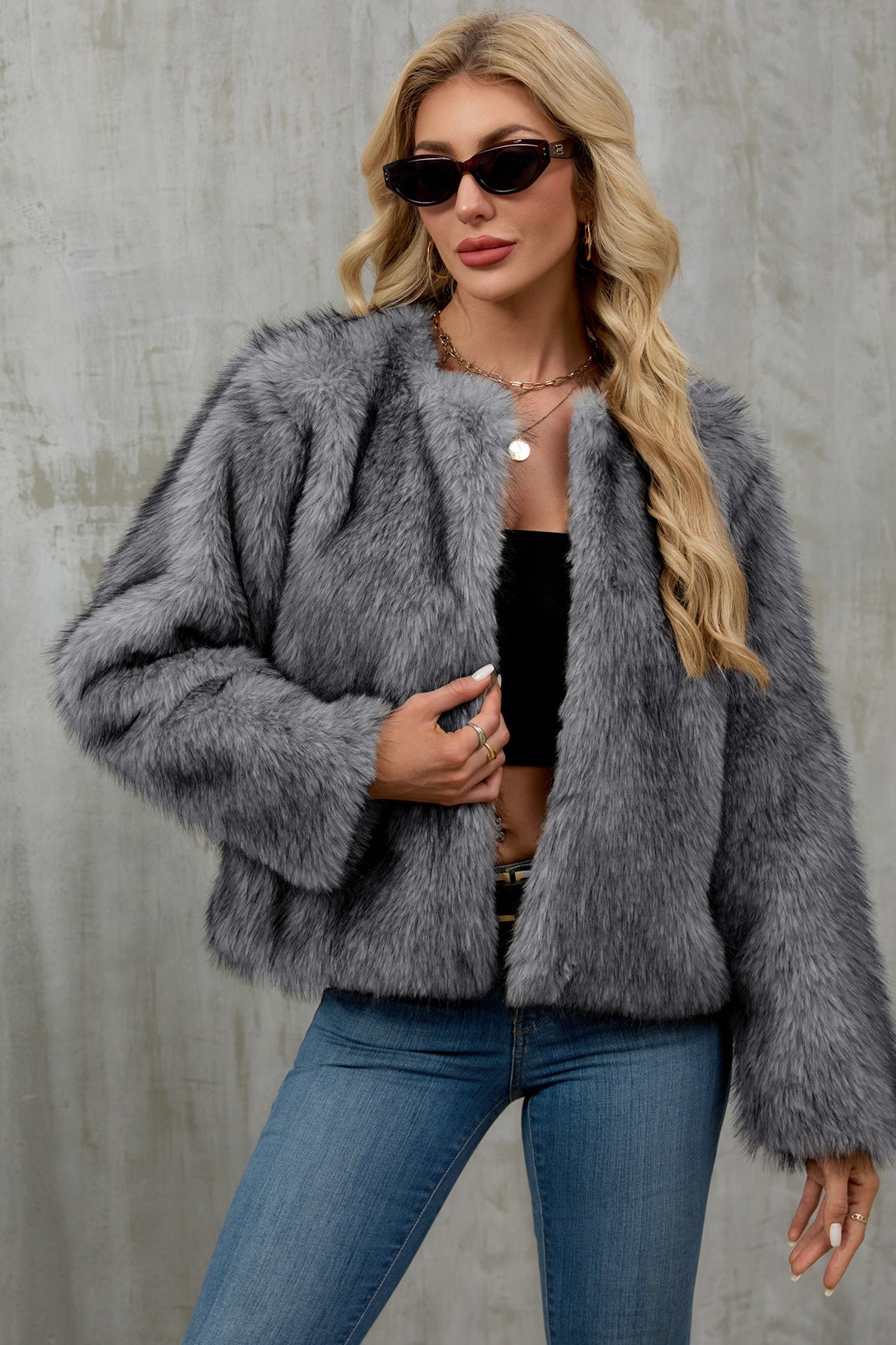 Cropped Faux Fur Zip Coat - Fashionpara
