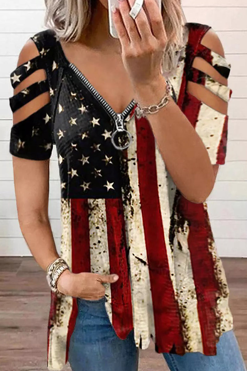 American Flag Star Striped Zipper Collar Blouse - Fashionpara