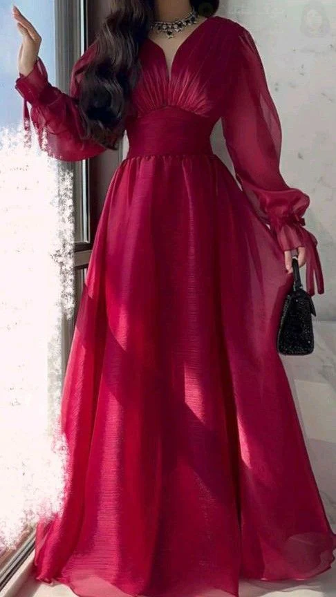 A Line V Neckline Long Sleeves Hot Pink Tulle Long Prom Dresses Evening Dress - Fashionpara