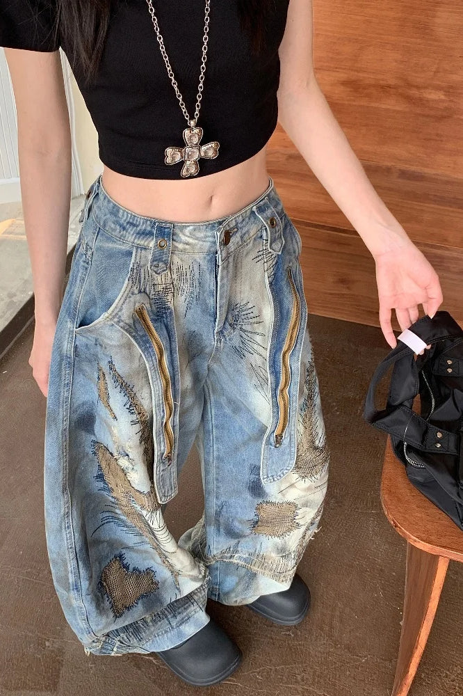 Punk Streetwear Wide Leg Denim Jeans