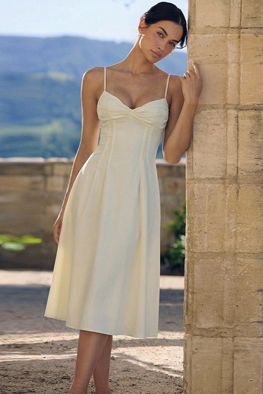 Sweetheart Spaghetti Strap Twist-Front A-Line Midi Dress