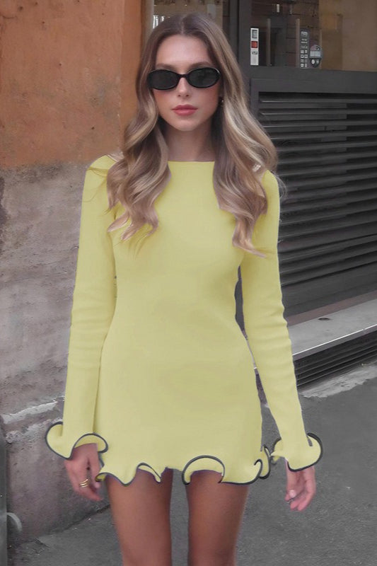 Round-Neck Long Sleeve Ruffle-Trim Bodycon Mini Dress