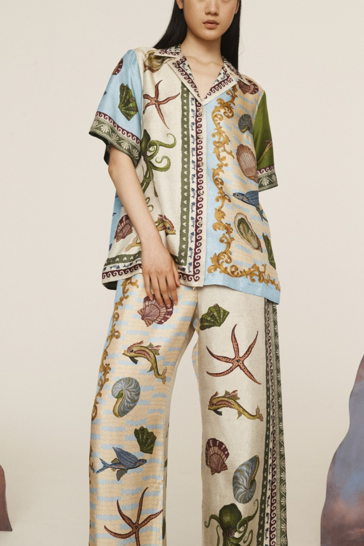 Deep Sea Dreaming Satin Unique Print Short Sleeve Shirt and Elastic Waist Pocketed Pants Set - Fashionpara