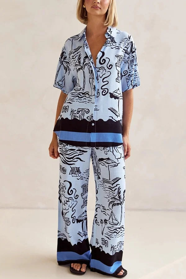 Fashionable Plant Print Loose Lapel Short Sleeve Shirt and Casual Elastic Waist Pocket Pants Set - Fashionpara