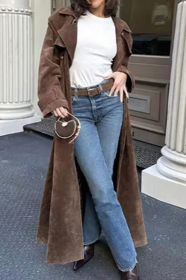Elegant Vintage Brown Belted Long Coat for Timeless Style