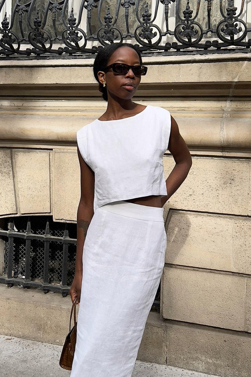 Linen Blend Vest Midi Skirt Set