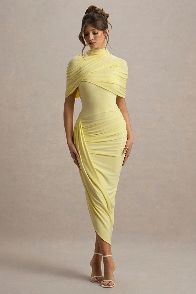 High Neck Ruched Sash Bodycon Midi Dress - View 3