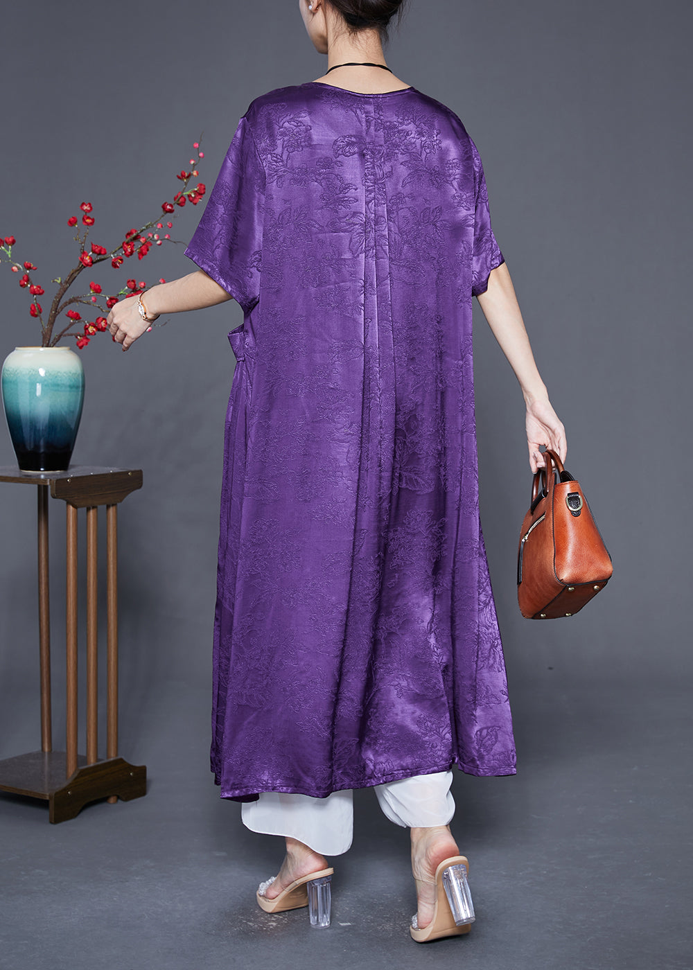 Jacquard Floral Patch Pocket Short Sleeve Round Neck Maxi Dress - View 4