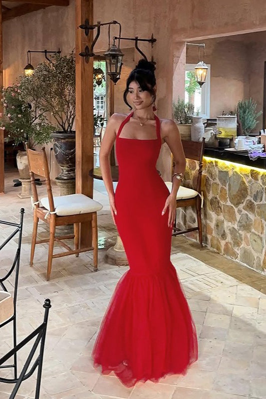 Backless Square-Neck Halter Tulle Mermaid Gown