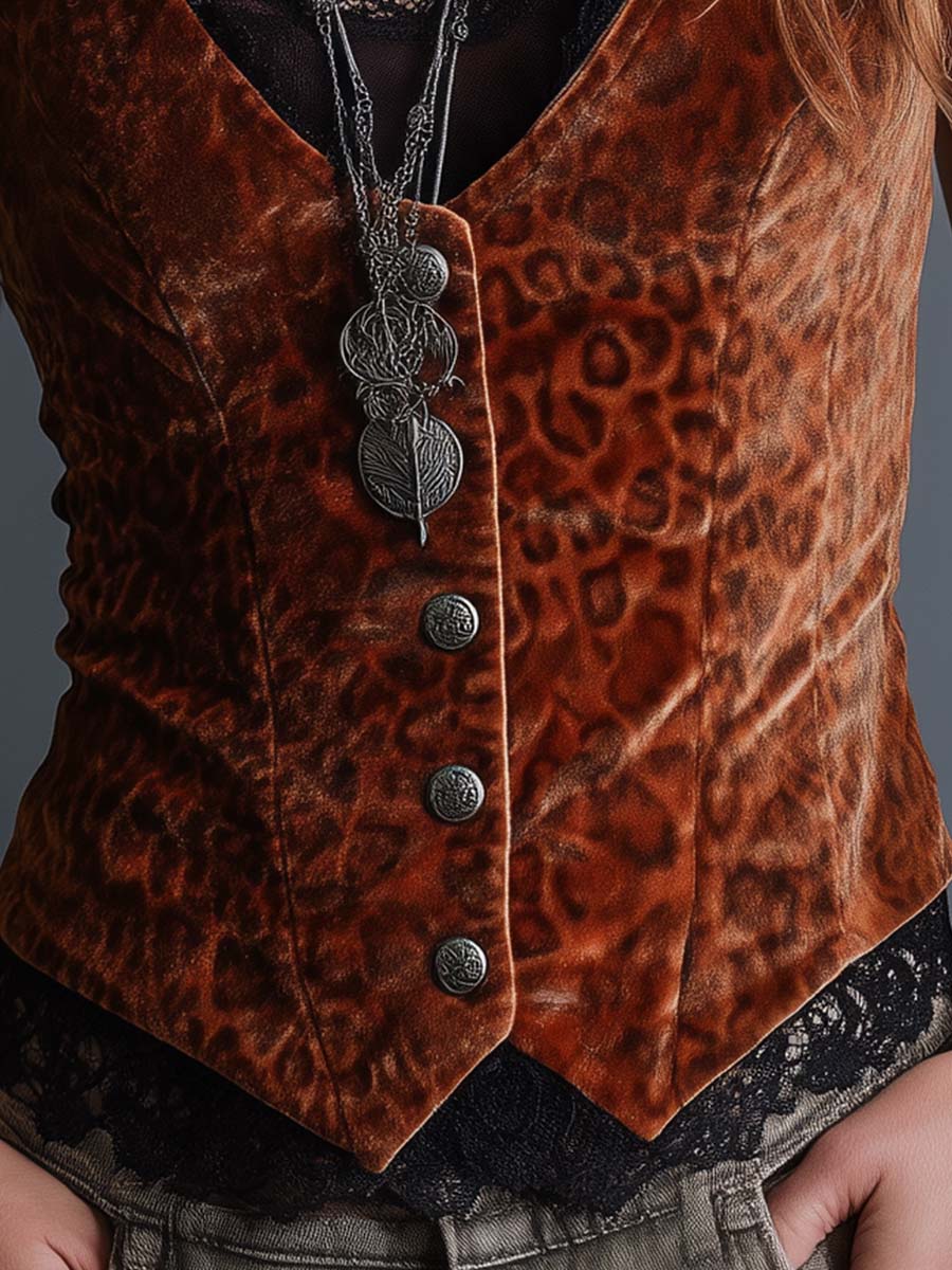 Caramel Velvet Leopard Lace Button Vest - Fashionpara