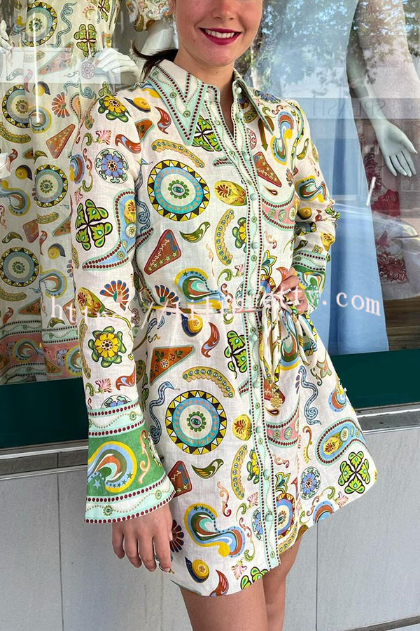 Mila Linen Blend Unique Print Shaped Collar Tie-up Waist Shirt Mini Dress - Fashionpara