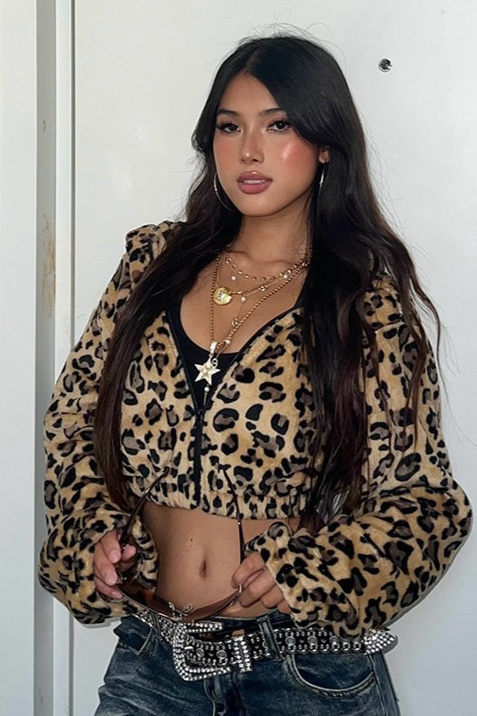 Leopard Plush Cropped Hoodie