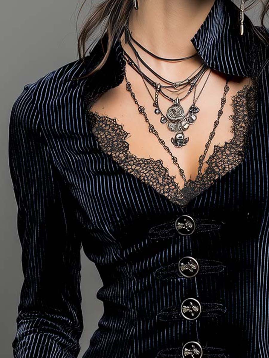 Lace V-neck Flared Cuffs Vintage Velvet Shirt - Fashionpara