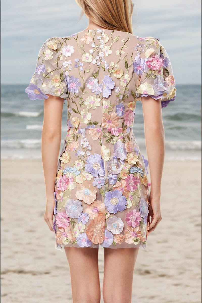 3D Lace Flower V-neck Puff Sleeve Mini Dress - Fashionpara