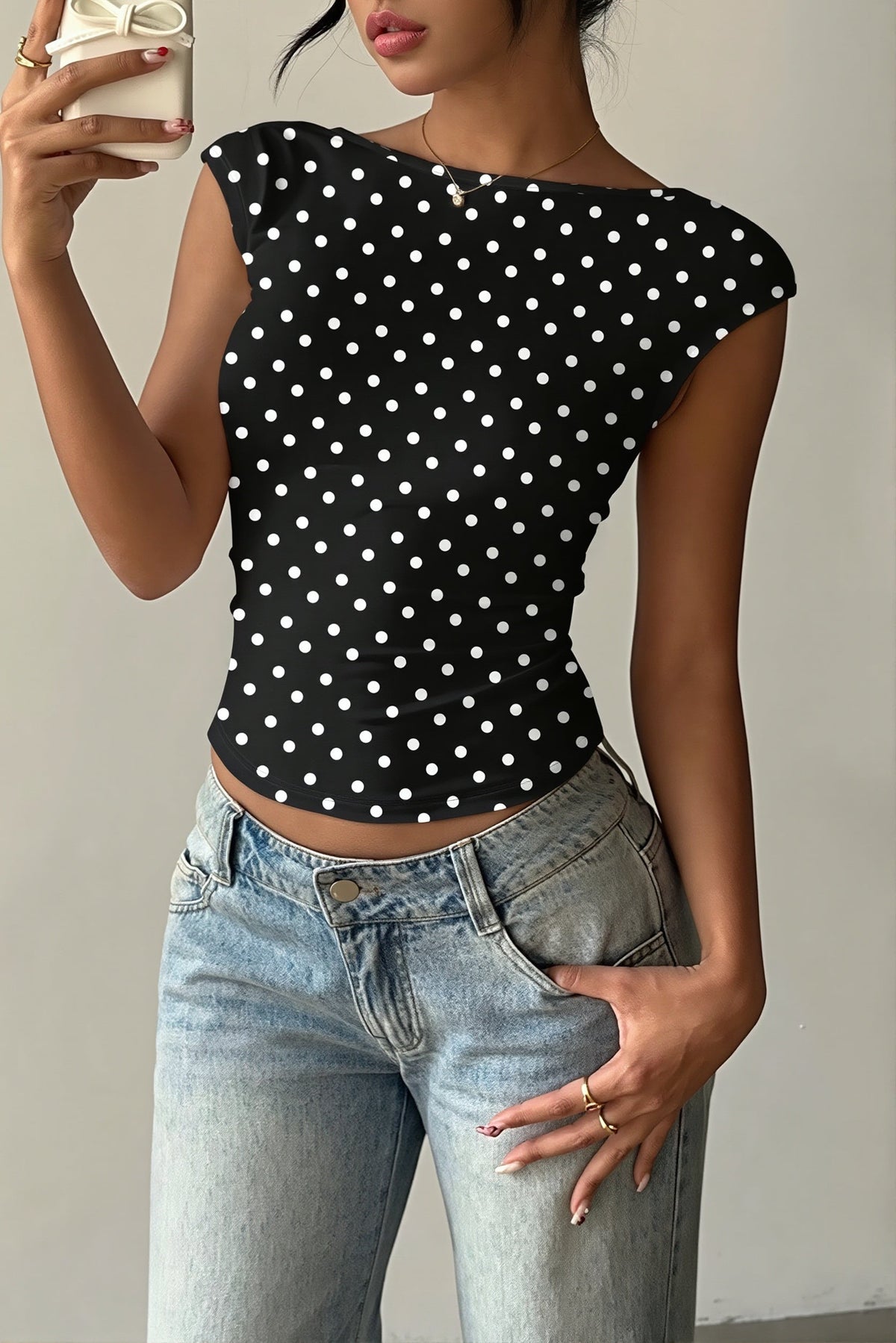 Polka Dot Boat Neck Open Back T-shirt