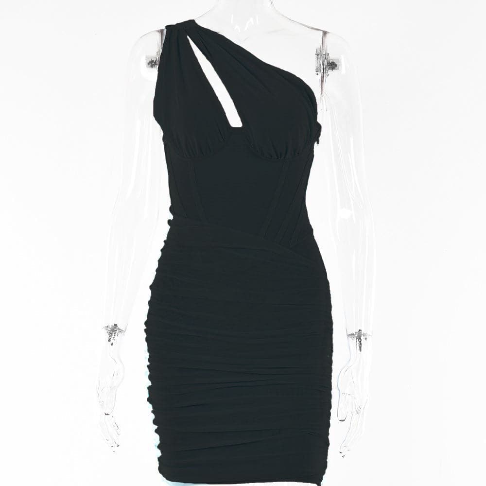 One Shoulder Mesh Ruched Cut Out Bodycon Mini Dress - View 4