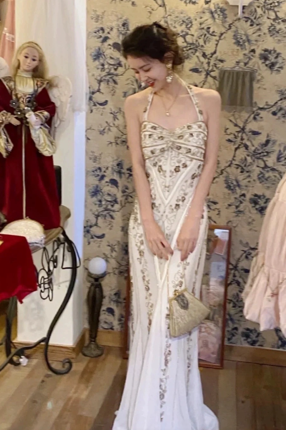 White Mermaid Long Prom Dress Beaded Vintage Evening Dress - Fashionpara