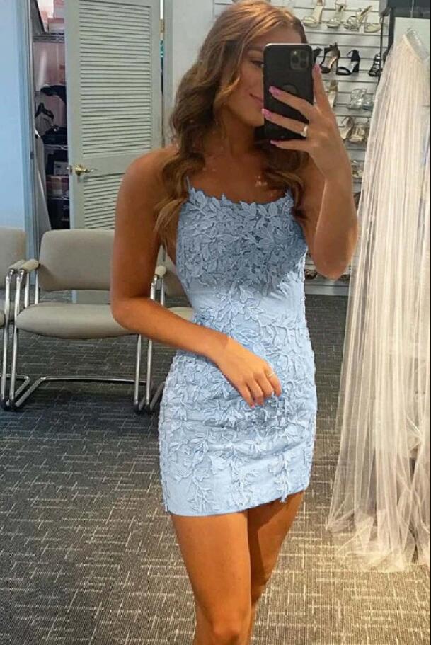 Spaghetti Straps Lace Appliques Homecoming Dress - Fashionpara