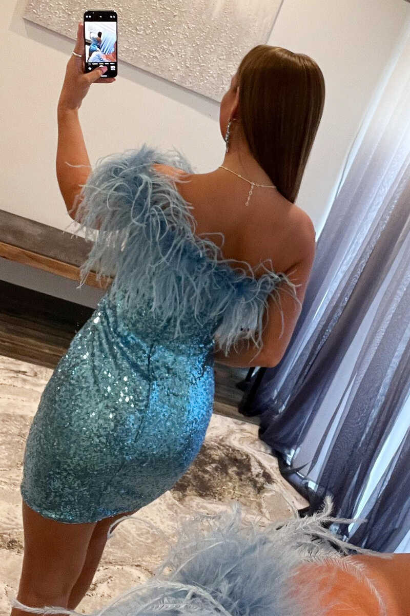 One-Shoulder Light Blue Sequins Feather Mini Homecoming Dress - Fashionpara
