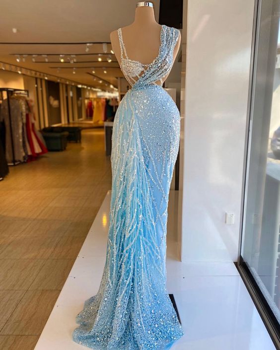 Luxury Sky Blue Evening Dresses Crystals Beaded Sleeveless Mermaid Long Length Tulle Sexy Women Prom Pageant Gowns - Fashionpara