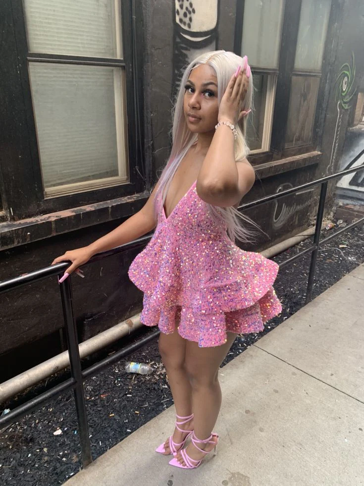 Halter Neckline Short Homecoming Dress Sequins Party Dress New Arrival Party Dress - Fashionpara