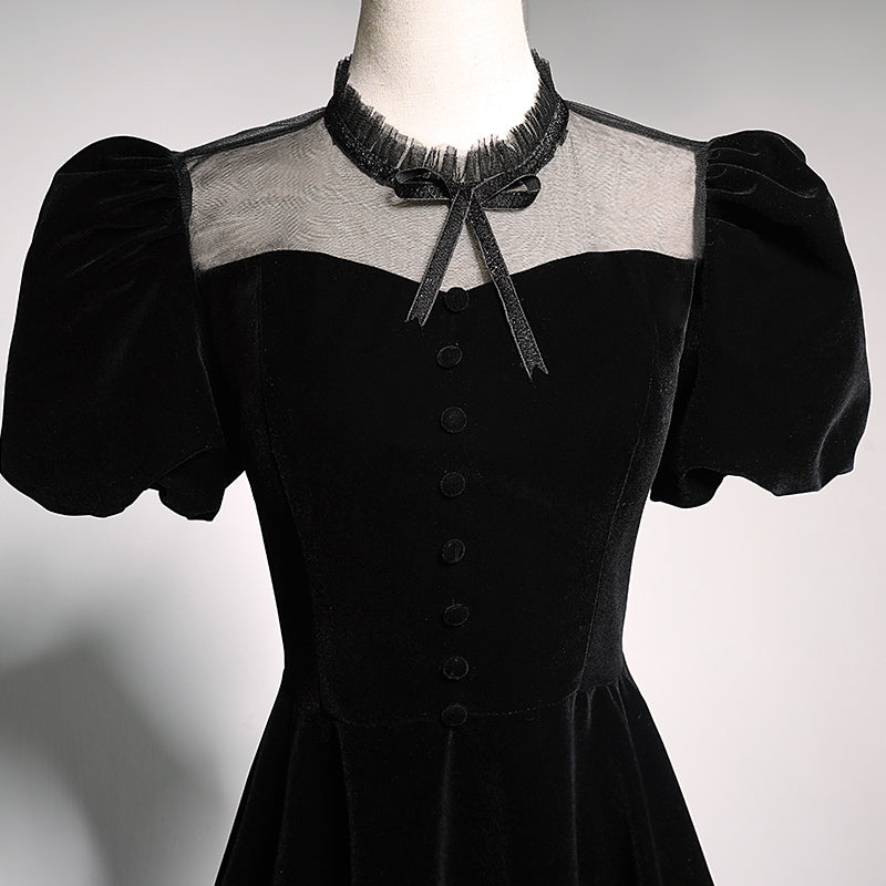 evening dress 2022 spring black puff sleeve long birthday dress prom dress - Fashionpara