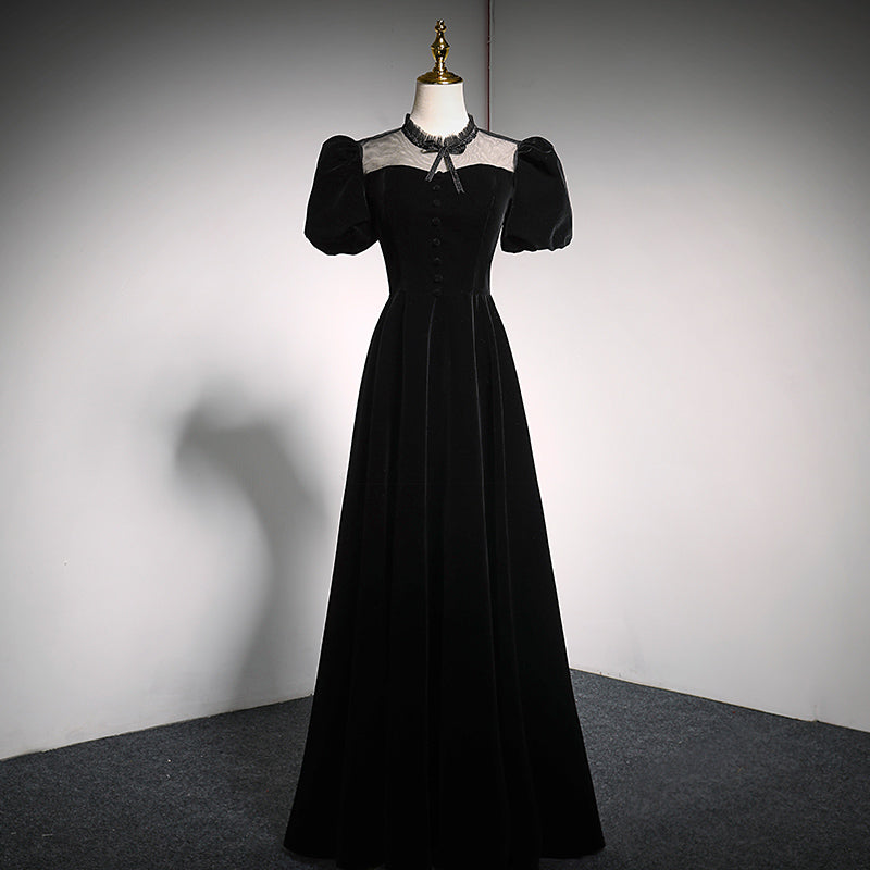 evening dress 2022 spring black puff sleeve long birthday dress prom dress - Fashionpara