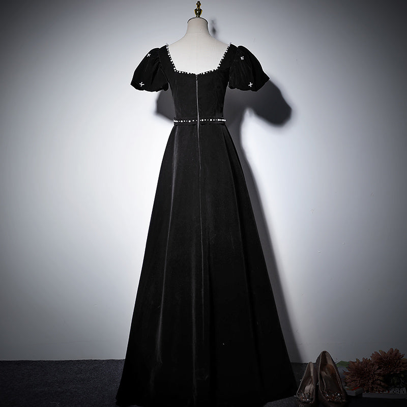 evening dress spring black puff sleeve long birthday dress prom dress - Fashionpara